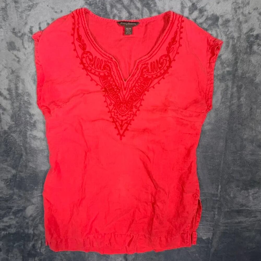 Tommy Bahama Women's XS Embroidered V Neck‎ Tunic Red Cap Sleeve Resortwear